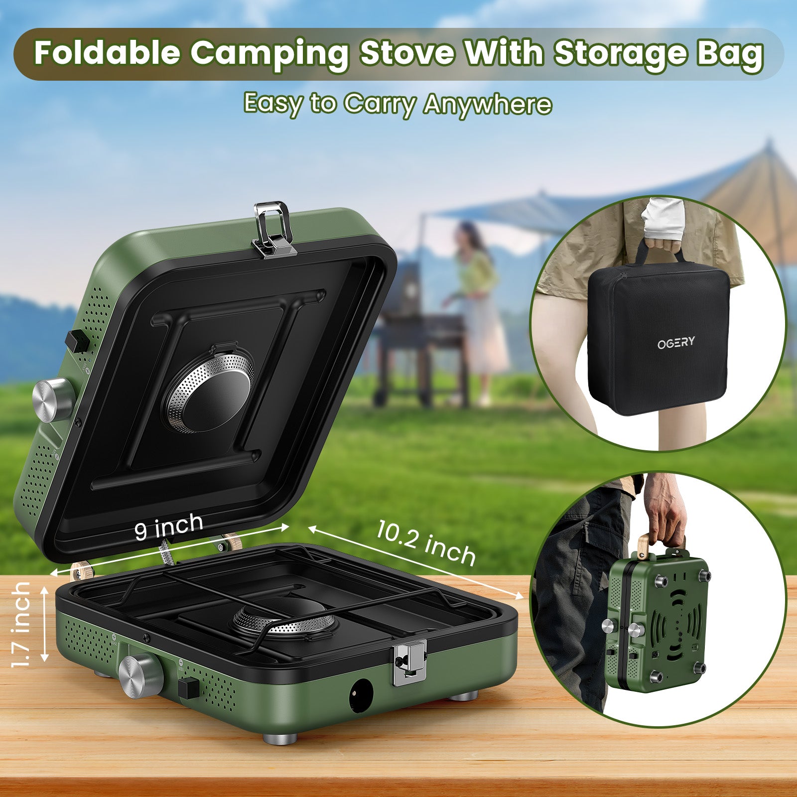OGERY ZM001 2-Burner Camping Stove with Griddle & Carrying Bag