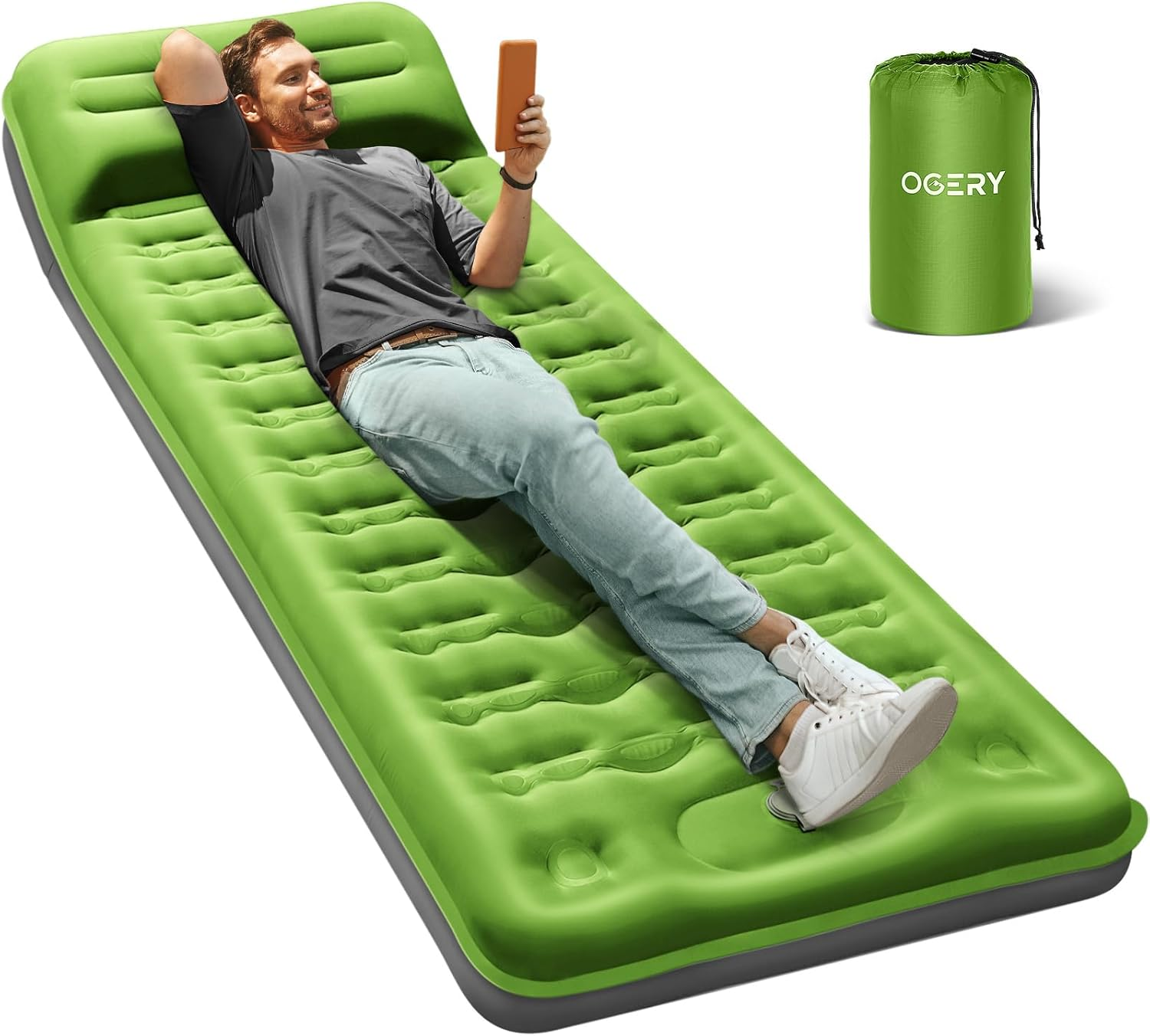 Matelas de camping OGERY, matelas de couchage renforcé extra-épais de 15 cm pour une personne avec oreillers et pompe à pied intégrée, matelas de couchage autogonflant ultra-léger pour tente de camping et randonnée, bleu