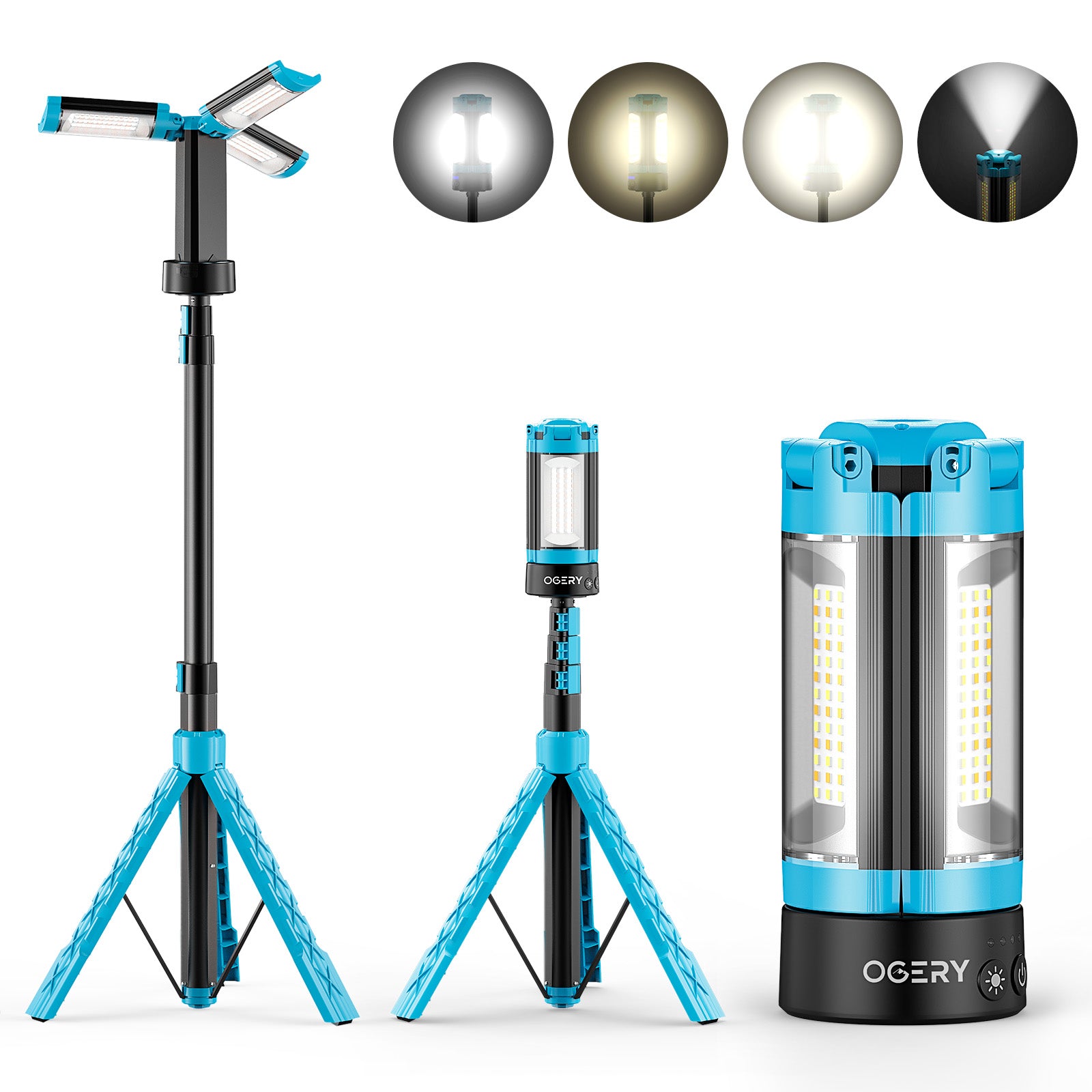 OGERY Rechargeable 10000 mAh Camping Light with Stand, Cordless Work Light with 3 LED Lamps Head, 2200 Lumen Cordless Dimmable Camping Light with Detachable Tripod, Blue