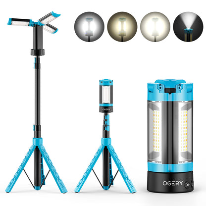 OGERY Rechargeable 10000 mAh Camping Light with Stand, Cordless Work Light with 3 LED Lamps Head, 2200 Lumen Cordless Dimmable Camping Light with Detachable Tripod, Blue