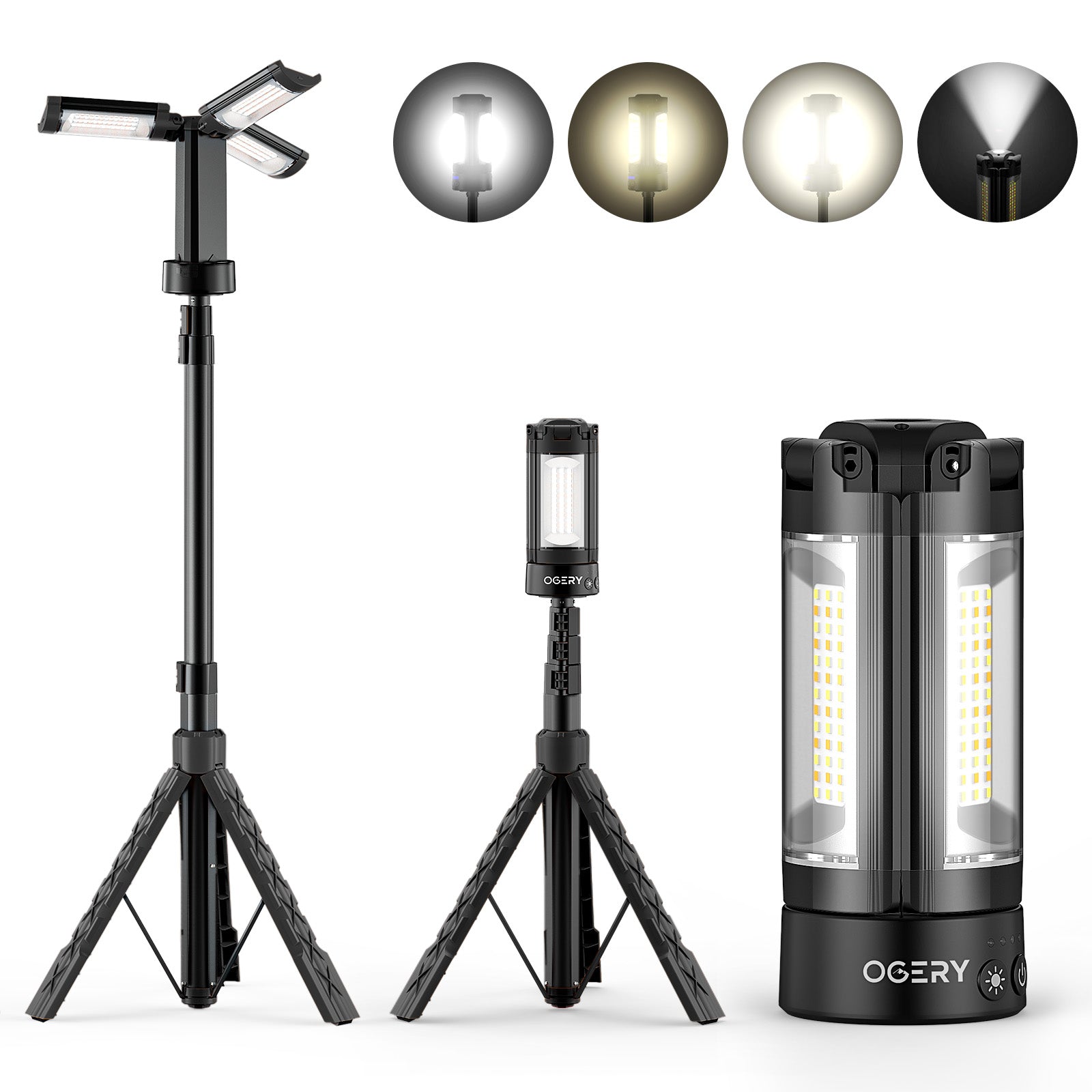 OGERY Rechargeable 10000 mAh Camping Light with Stand, Cordless Work Light with 3 LED Lamps Head, 2200 Lumen Cordless Dimmable Camping Light with Detachable Tripod, Black