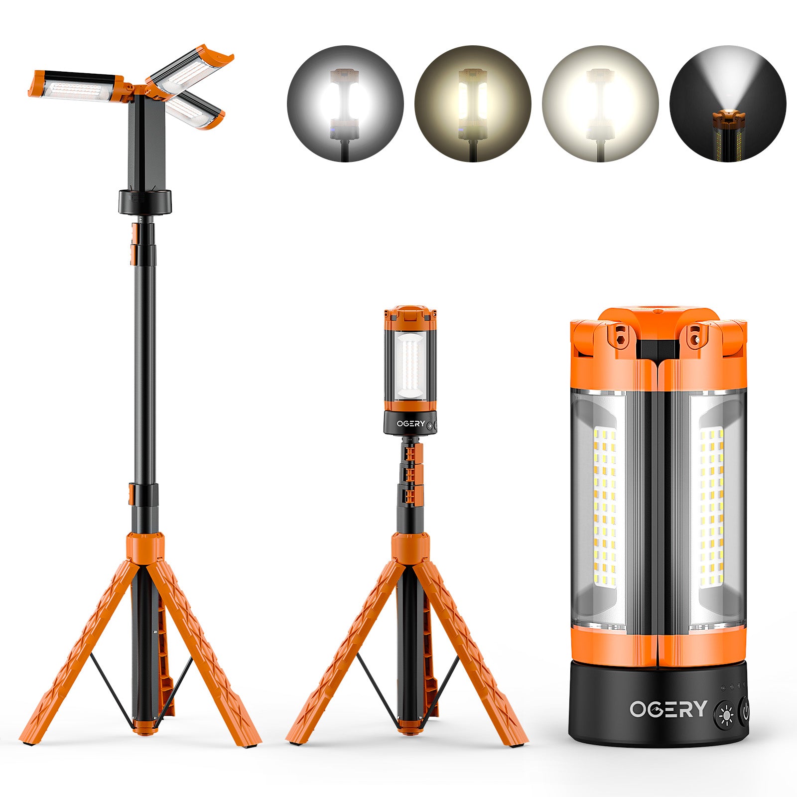 OGERY Rechargeable 10000mAh Camping Light with Stand 78" Max Height, Cordless Work Light with 3 LED Lamp Heads, 2200 Lumens Dimmable Magnetic Emergency Flashlight with Detachable Tripod, Orange