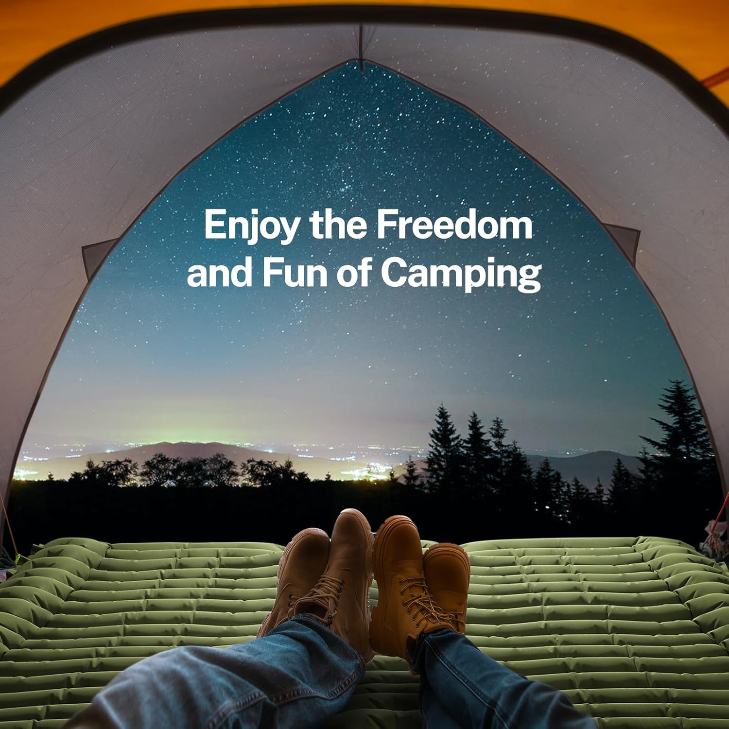 Double Camping Sleeping Pad, 2 Person Ultralight Camping Mattress with Pillow Built-in Foot Pump Inflatable Sleeping Pad for Camping Hiking Traveling Tent, Green