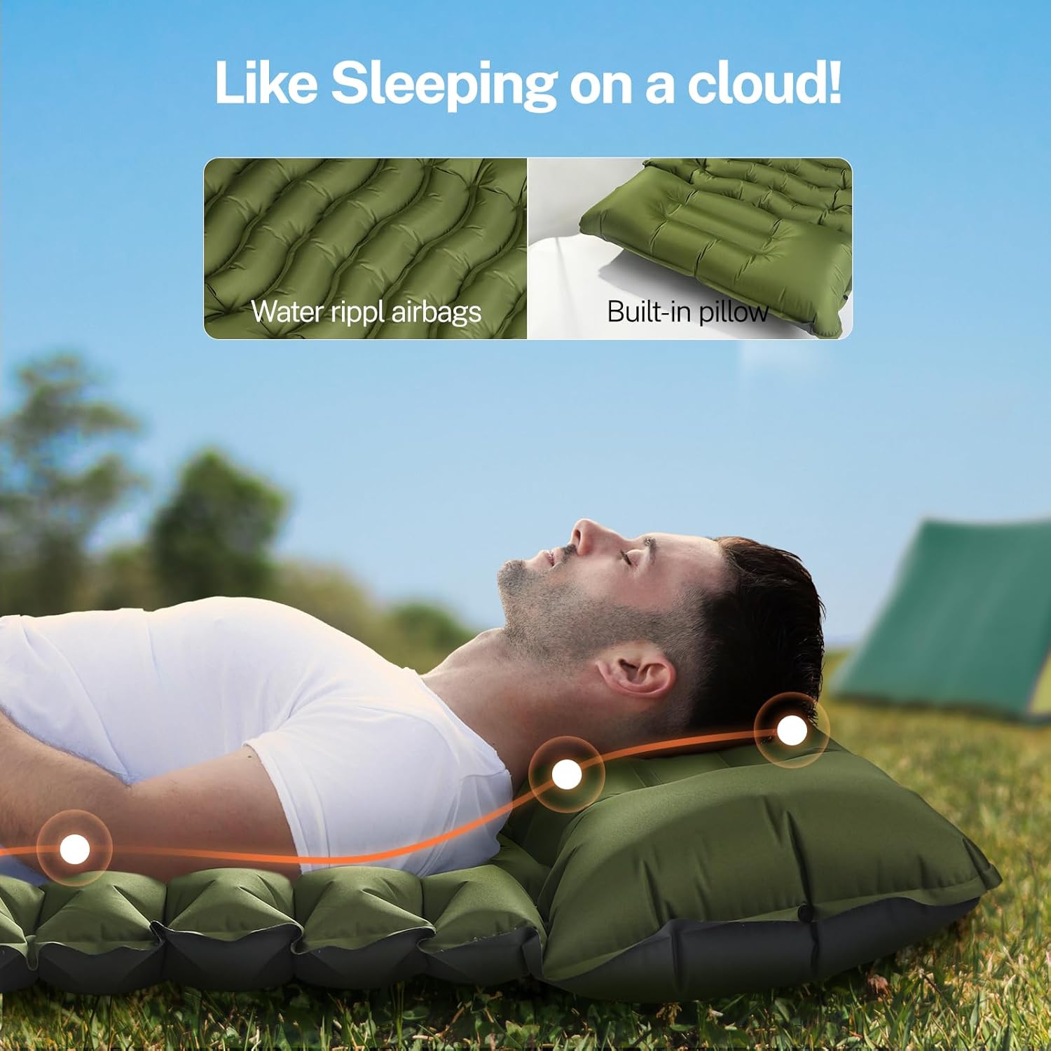 Double Camping Sleeping Pad, 2 Person Ultralight Camping Mattress with Pillow Built-in Foot Pump Inflatable Sleeping Pad for Camping Hiking Traveling Tent, Green