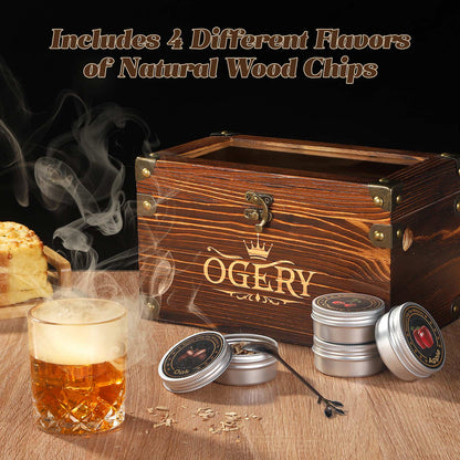 Cocktail Smoker Kit, Whiskey Smoker Kit with Smoking Gun, Old Fashioned Bourbon Smoker Box and 4 Flavors Wood Chips, Unique Anniversary Birthday Gifts for Men, Dad, Husband (No Butane)